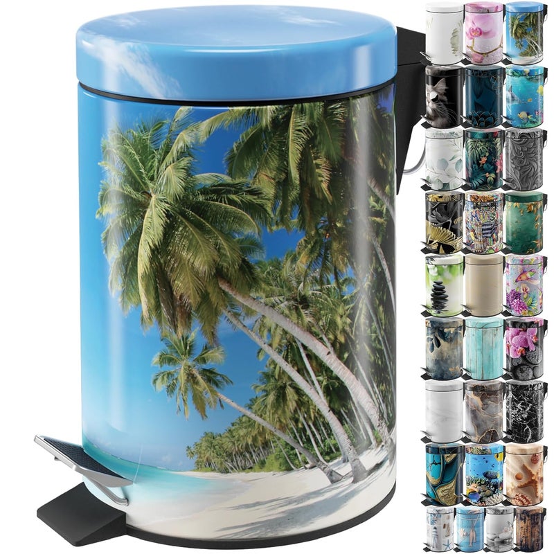 Sanilo Small Bathroom Trash Can with Lid [1.3 Gallon] - Lidded Tiny Trashcan for Garbage - Mini Metal Bin with Soft Closing Mechanism - Bath Room Accessoire Wastebin with Inner Bucket (Caribbean) - Image 1